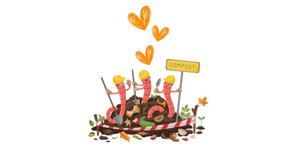 Compostwormen in een hoop met hartjes als symbool voor de liefde voor thuis composteren