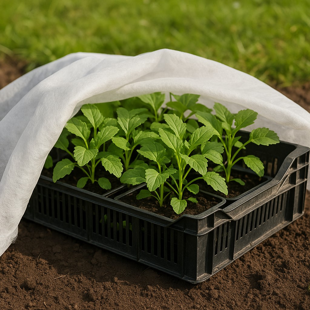 Krat met jonge planten en vliesdoek op een bewolkte dag in de tuin