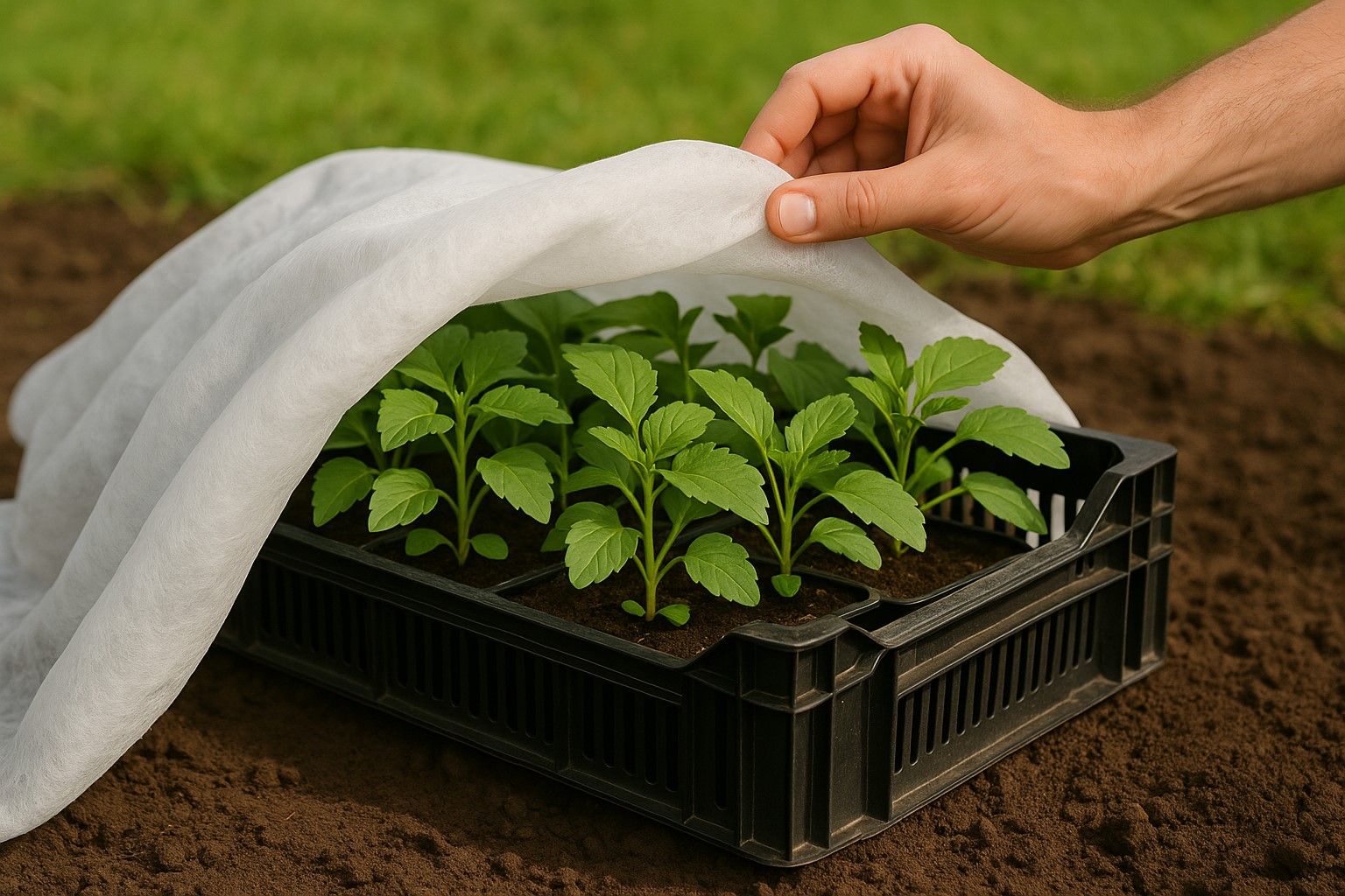 Vliesdoek wordt van planten gehaald tijdens het afharden